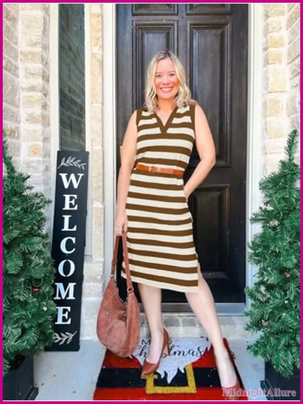 Striped V Neck Sleeveless Slit Midi Shift Dress with Pockets